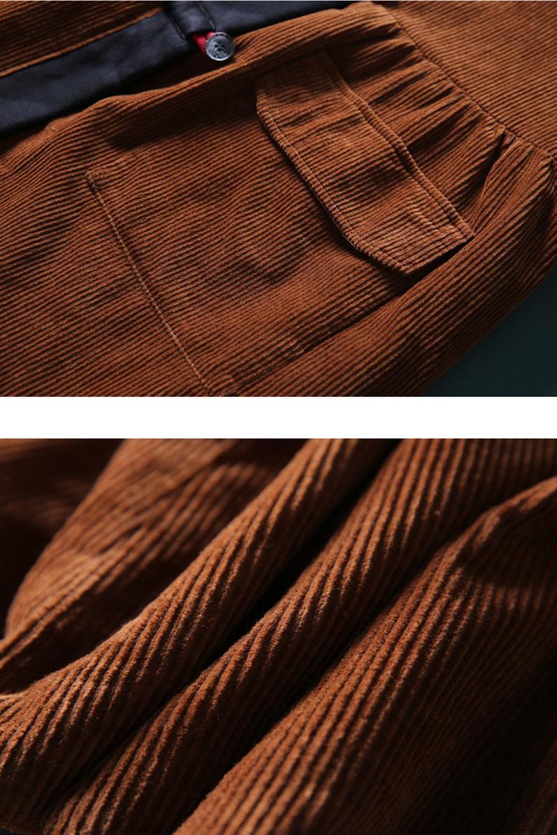 Mid-length Retro Winter Padded Warm Corduroy Coat Hooded Green Trench Coat Corduroy Over Coat