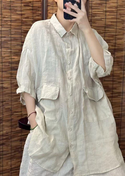 Red Oversized Pockets Linen Blouses Summer