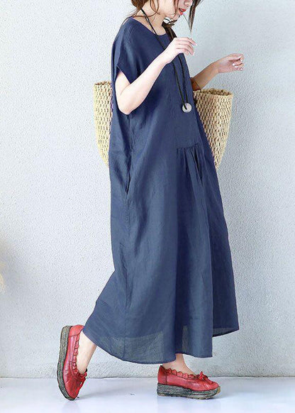 Simple Linen Clothes for Fitted Summer Loose Short Sleeve Navy Blue Dress