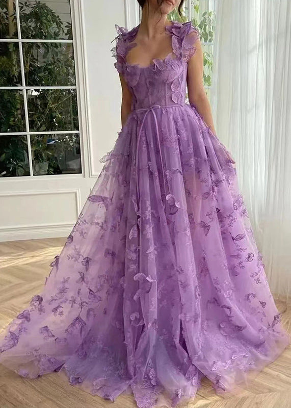 Green Butterfly Side Open Tulle Maxi Dresses Sleeveless