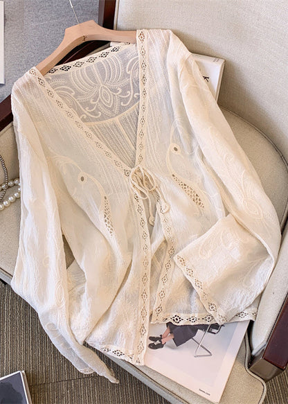 Apricot V Neck Hollow Out Embroidered Lace Cardigans Spring