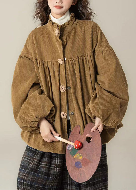 Brown Stand Collar Button Corduroy Cotton Filled Parkas