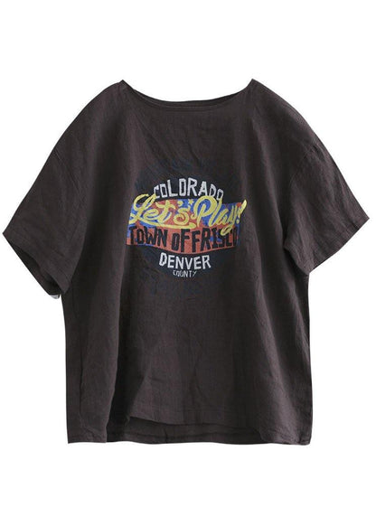 Loose Chocolate O-neck Graphic Linen T-shirt Half Sleeve
