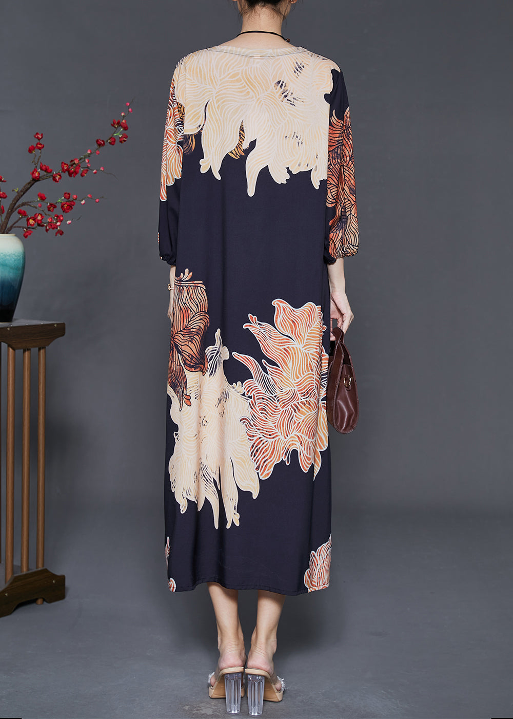Black Oversized Print Silk Dress Summer