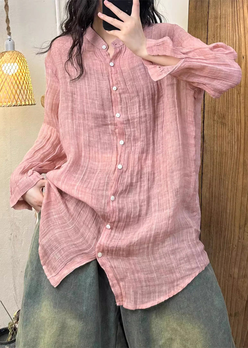 Pink Wrinkled Button Linen Shirt Spring