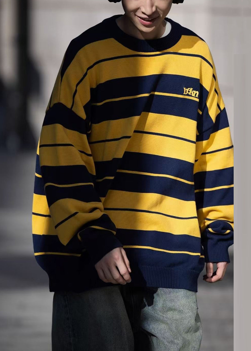 Loose Yellow O Neck Striped Knit Sweaters Winter
