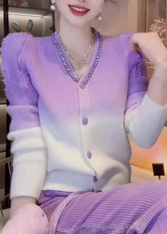 Gradient Color V Neck Zircon Knit Cardigans Fall