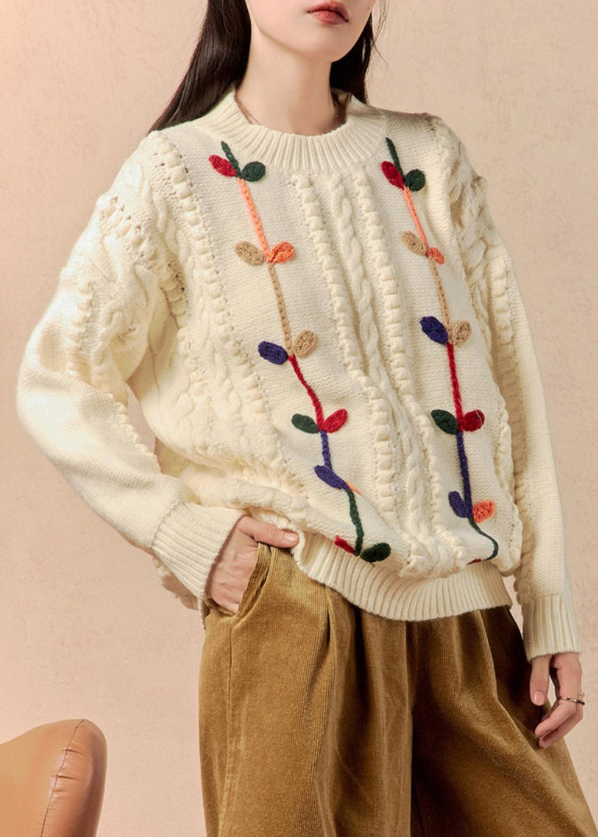 Beige O Neck Cozy Cable Knit Sweater Winter