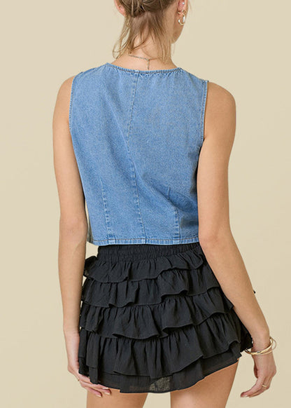 Blue O Neck Lace Up Denim Vest Top Sleeveless