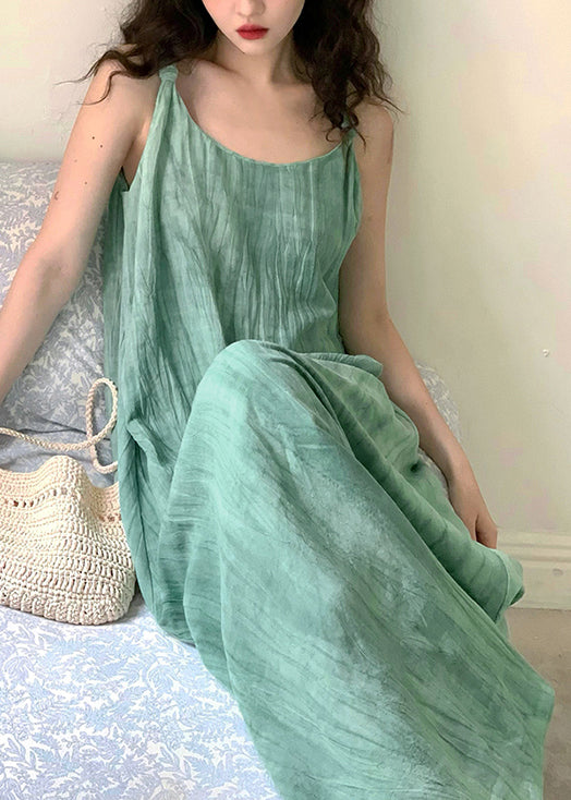 Green U Neck Wrinkled Linen Long Dress Sleeveless