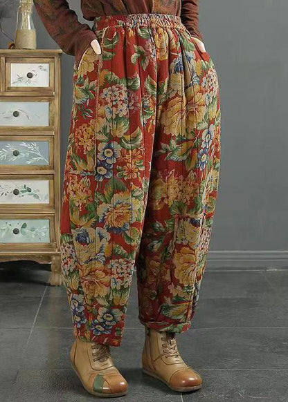 Red Pockets Print Elastic Waist Fine Cotton Filled Pants Winter