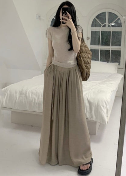 Khaki Silm Fit Tops and Wide Leg Pants Two Pieces Set Summer