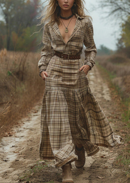 V Neck Plaid Patchwork Cotton Maxi Dress Spring