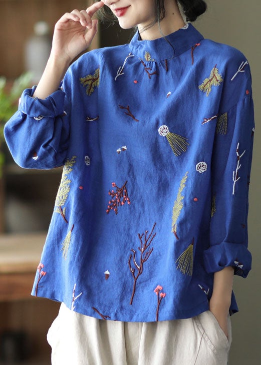 Stylish Blue Embroidered Retro Linen Blouse Tops Spring