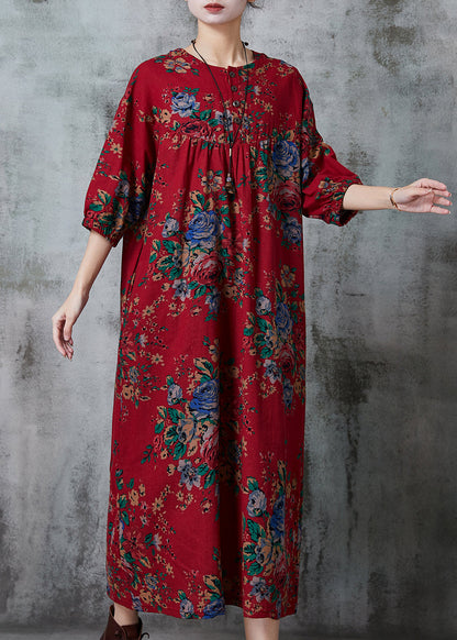 Red Oversized Print Cotton Long Dress Summer