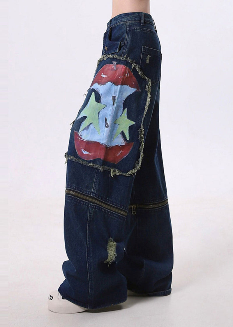 Fitted Navy Patchwork Wear on Both Sides Denim Ripped Pants Spring
