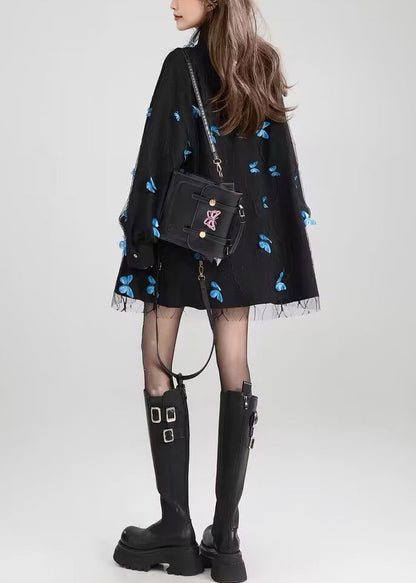 Black Peter Pan Collar Butterfly Lace Patchwork Cotton Shirt Fall