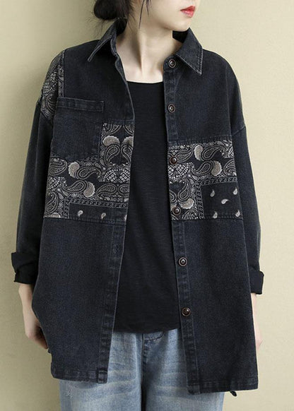Natural Black Grey Patchwork Print Pockets Blouses
