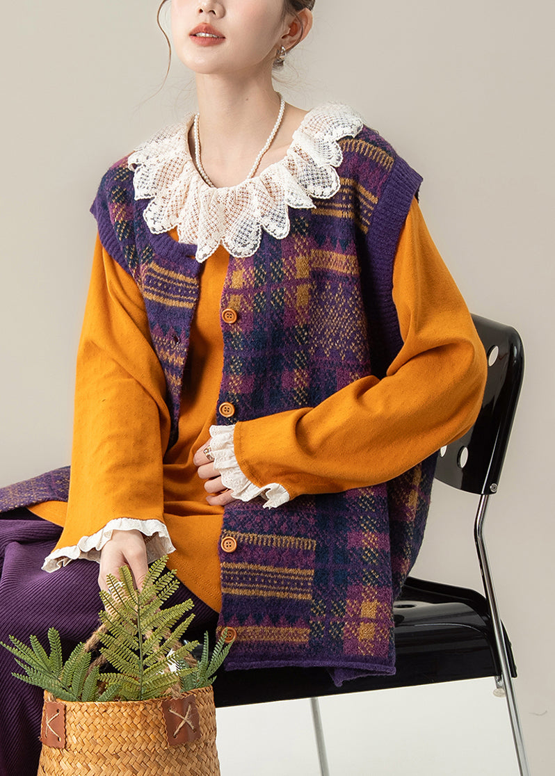 Organic Purple Plaid O-neck Cotton Knit Waistcoat Sleeveless