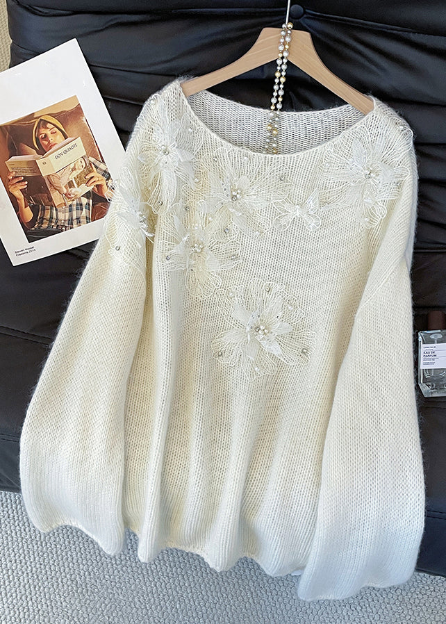 Loose White Nail Bead Knit Sweaters Fall