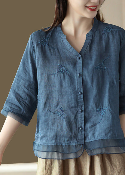 Blue V Neck Embroidered Ramie Shirt Half Sleeve