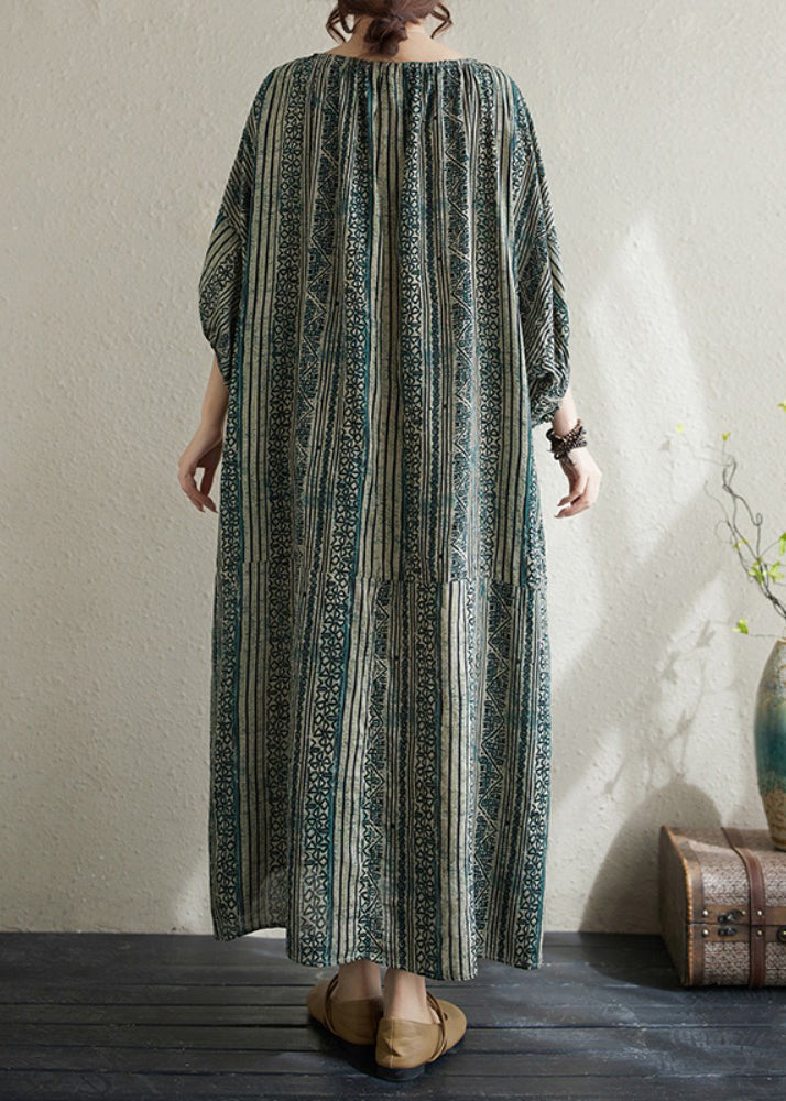 Loose Green O Neck Striped Cotton Long Dress Summer