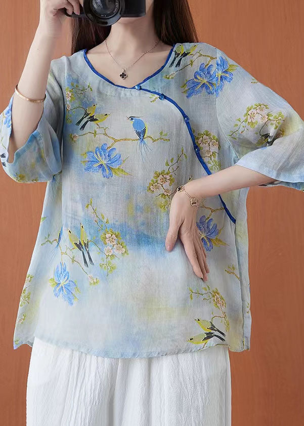 Light Green O-neck Print Linen Blouses Half Sleeve