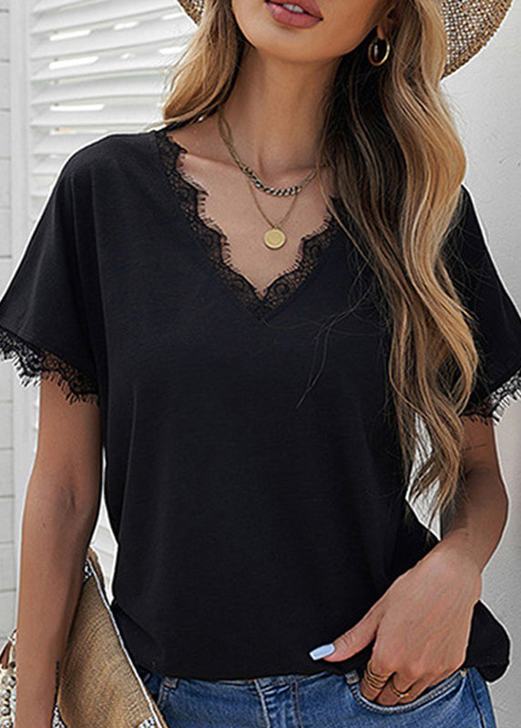 Brief White V Neck Lace Patchwork T Shirt Short Sleeve