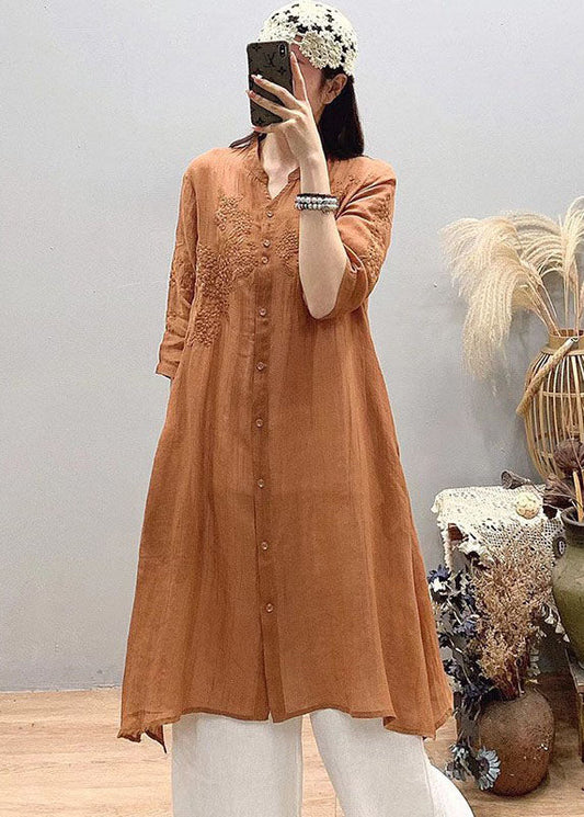 Orange Embroidered Linen Long Shirt Asymmetrical Design Three Quarter Sleeve