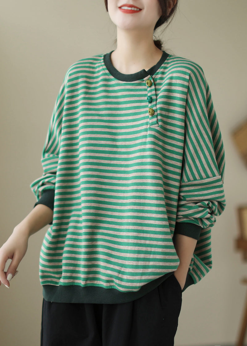 Loose Green Striped Patchwork O-neck Sweatshirt Long Sleeve
