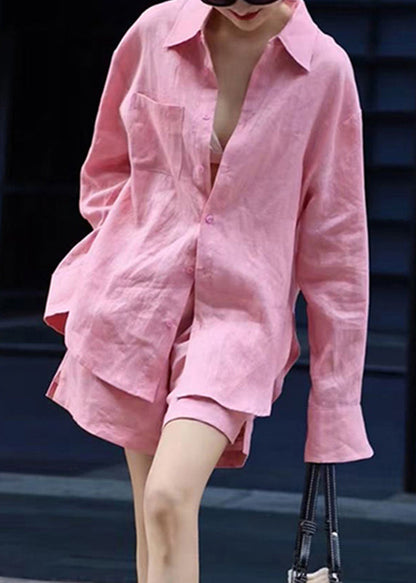 Modern Pink Button Shirts and Shorts Two Pieces Set Fall