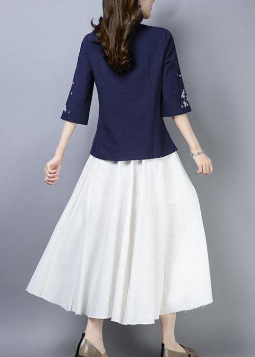 Natural Navy Embroidered Oriental Cotton Linen Shirts Summer