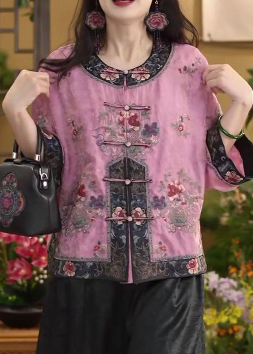Chinese Style Pink O-neck Oriental Button Cotton Shirt Tops Summer