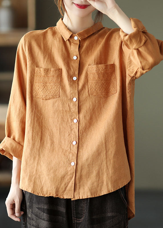 Unique Red Peter Pan Collar Embroidered Patchwork Pockets Linen Top Spring