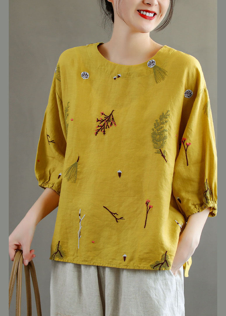 Yellow O-neck Embroidered Linen Tank Top Lantern Sleeve