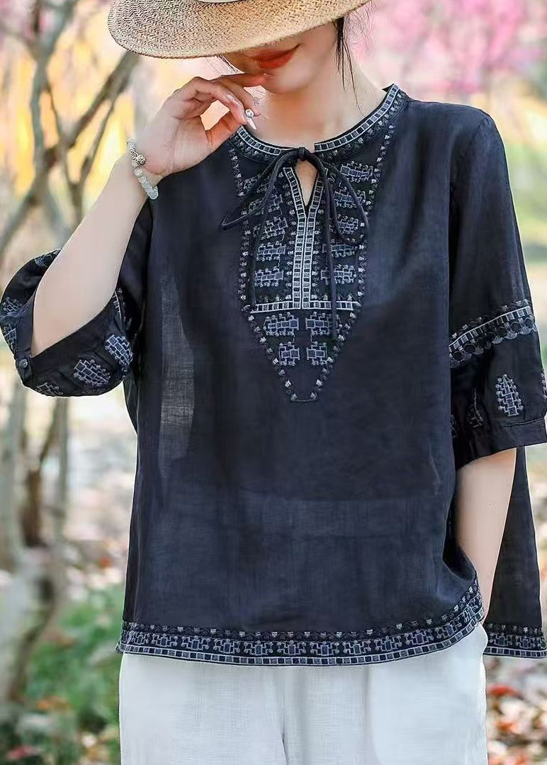 Navy Embroidered Linen Blouses Summer