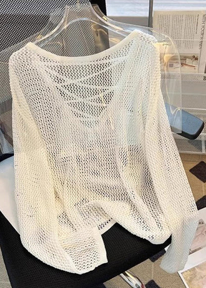 Beige Hollow Out Knit Tops Summer