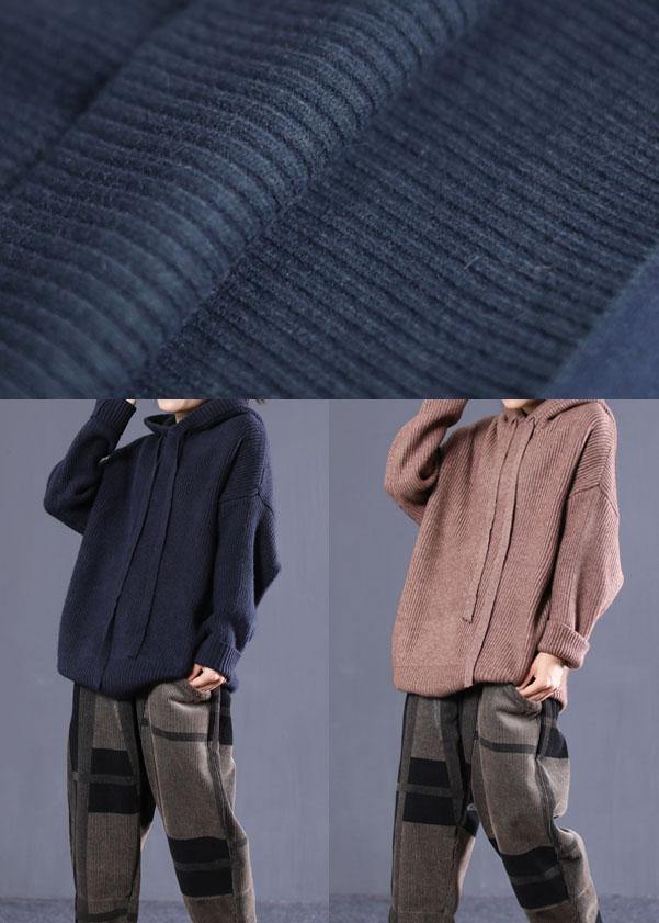 Diy Navy Hooded Loose Fall Knitted Top