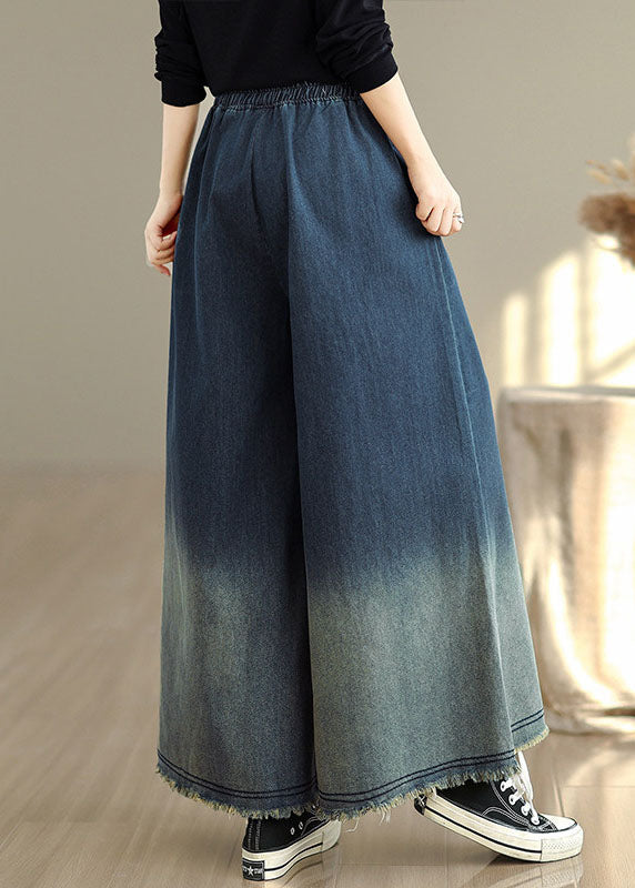 Gradient Blue Pockets Denim Wide Leg Pants Spring