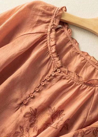 Orange Patchwork Linen T Shirt Embroidered O-neck Half Sleeve