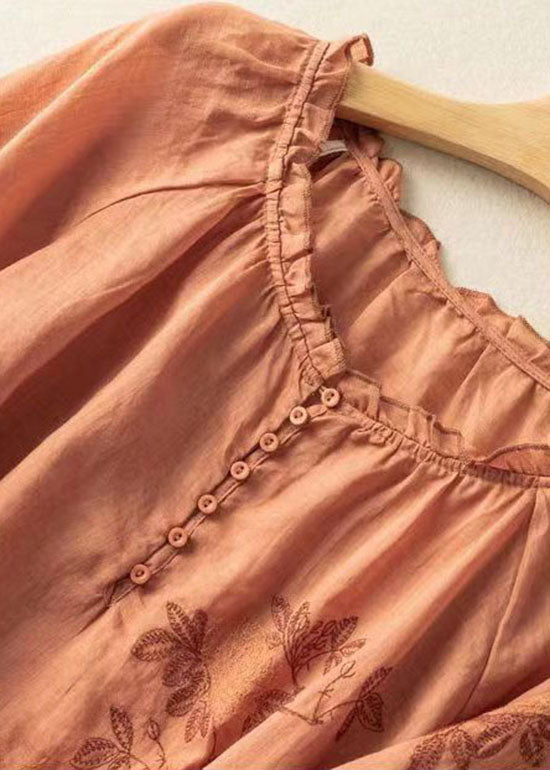 Orange Patchwork Linen T Shirt Embroidered O-neck Half Sleeve