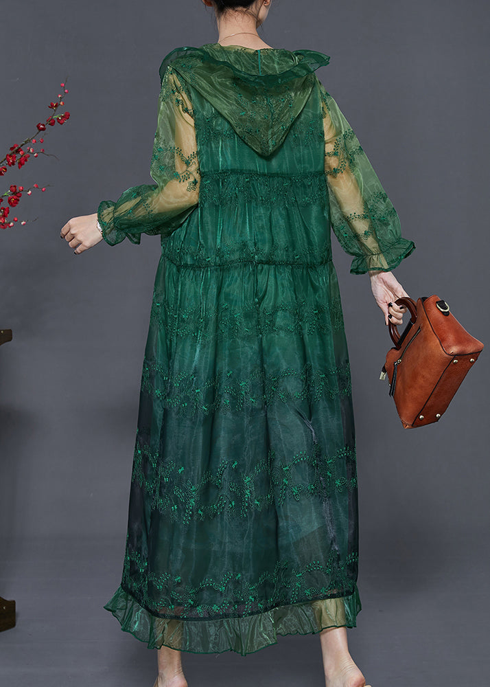 Green Organza Upf 50+ Cardigans Embroidered Ruffled Summer