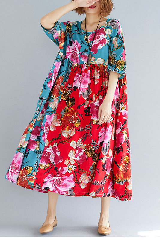 -summer Red Printed Loose Dress