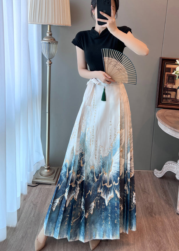 White High Waist Print Satin Pleated Skirts Summer