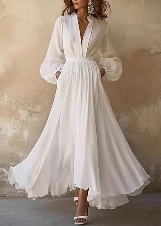 Boutique White V Neck Wrinkled Chiffon Maxi Dresses Fall