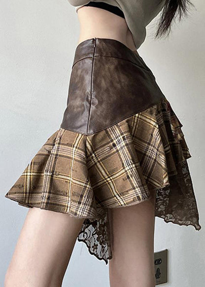 Brown Asymmetrical Lace Faux Leather Patchwork Skirts Summer