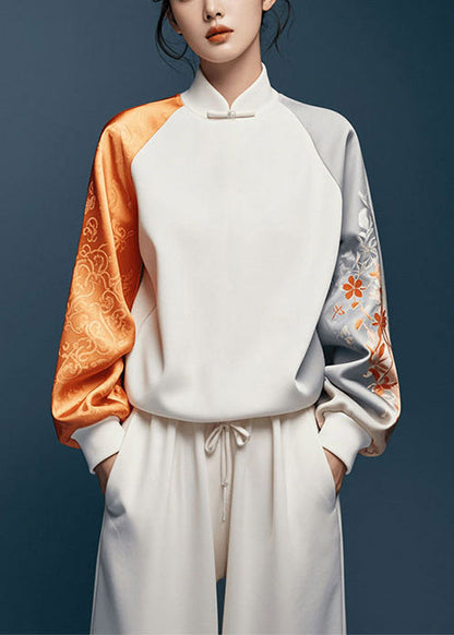 White Asymmetrical Patchwork Silk Oriental Tops Spring