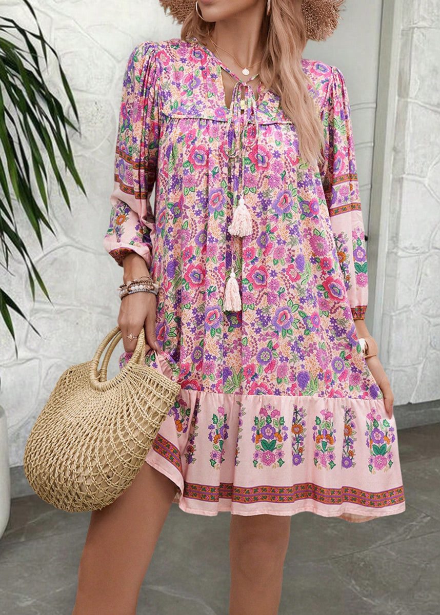 Loose Apricot Print Lace Up Cotton Mid Dress Summer