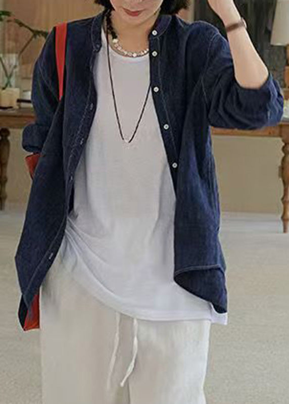 Handmade Navy O-neck Patchwork Button Coats Fall