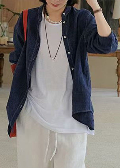 Handmade Navy O-neck Patchwork Button Coats Fall